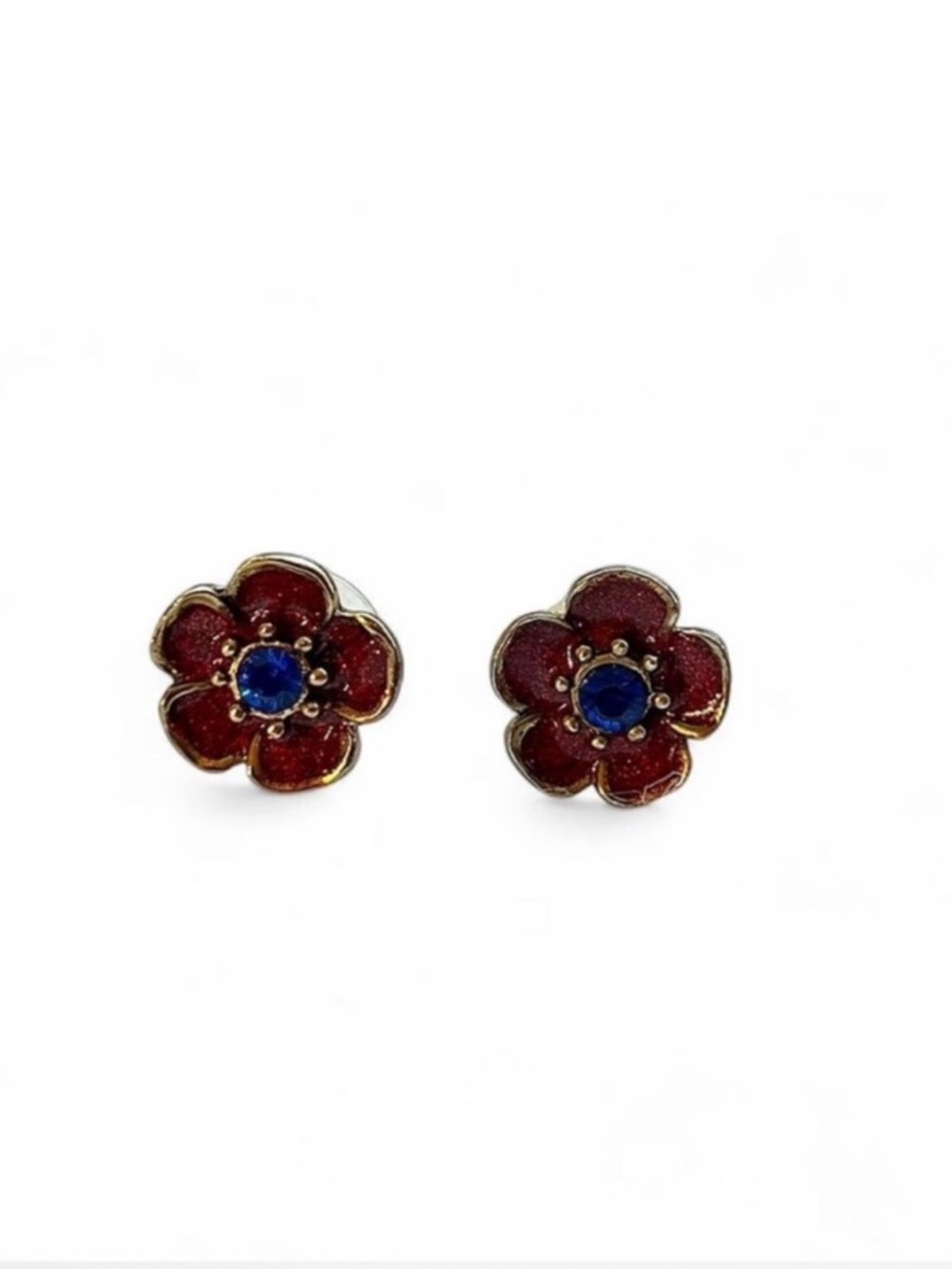 Red Flower Stud Earrings with Blue Center